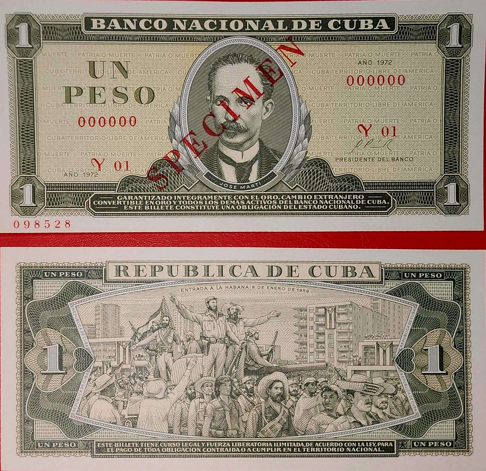 SPECIMEN 1 peso de Cuba año 1972 UNC